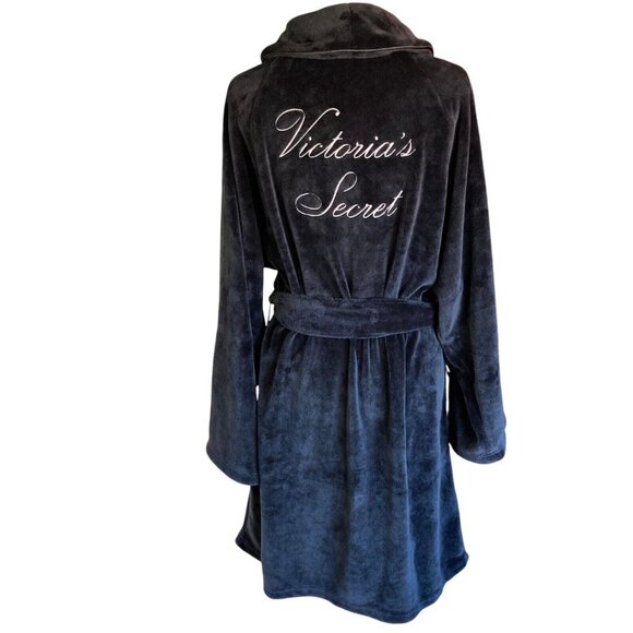 Victoria's Secret‎ Black Plush Robe, Size XL, Fleece Cozy Belt Logo Pockets NEW - Picture 2 of 11